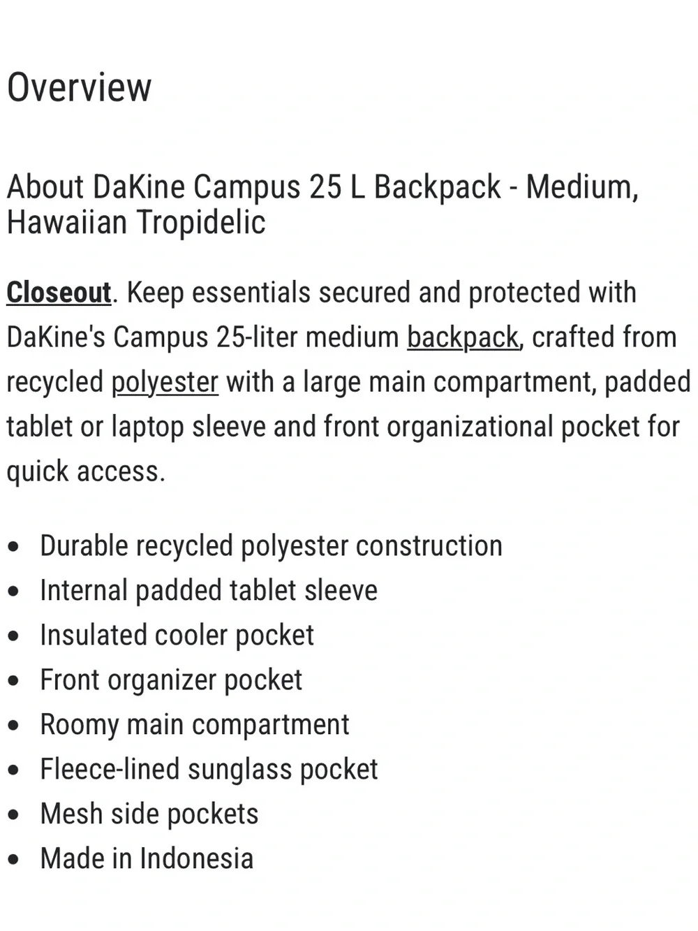 Dakine Campus 25L Backpack Medium Size Hawaiian Tropidelic Print